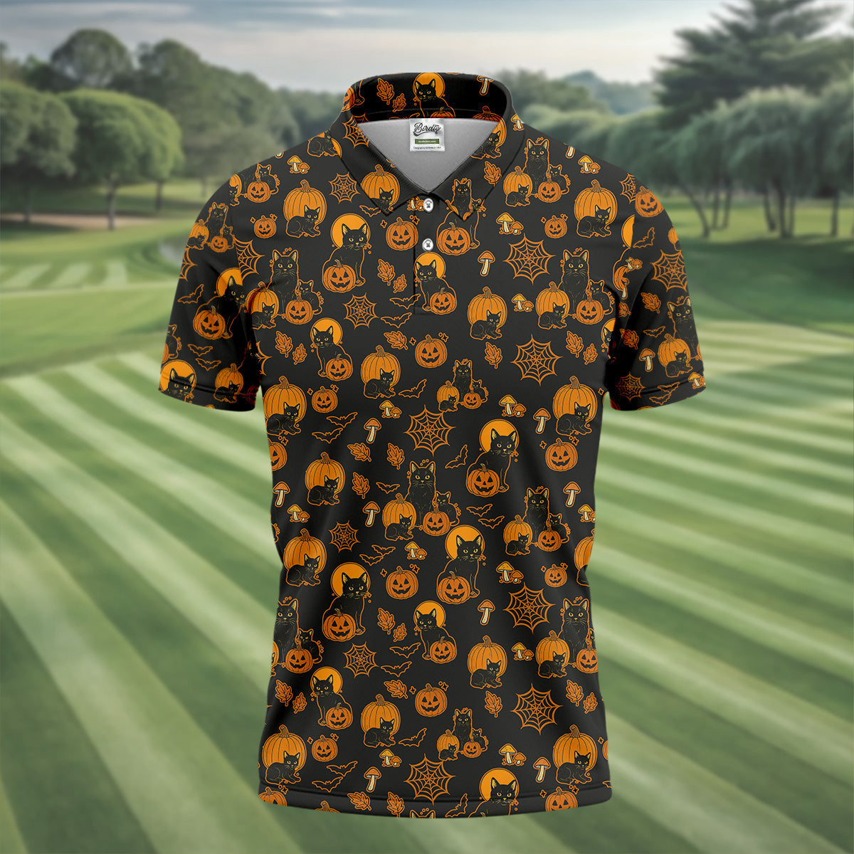 Black Cat Pumpkin Men Polo, Fun Golf Shirts For Men, Halloween Gift, Golfing Apparel