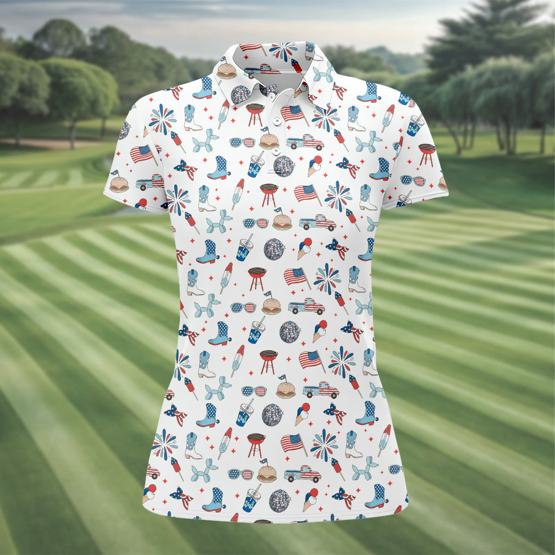 Red White and Blue Womens Golf Polo Shirt, Women's 4th Of July Shirts, Custom Ladies Golf Shirt