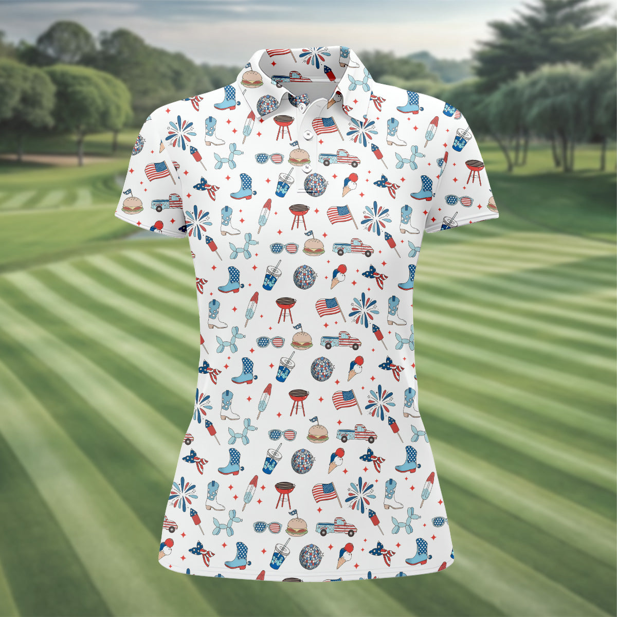 Red White and Blue Womens Golf Polo Shirt, Women's 4th Of July Shirts, Custom Ladies Golf Shirt