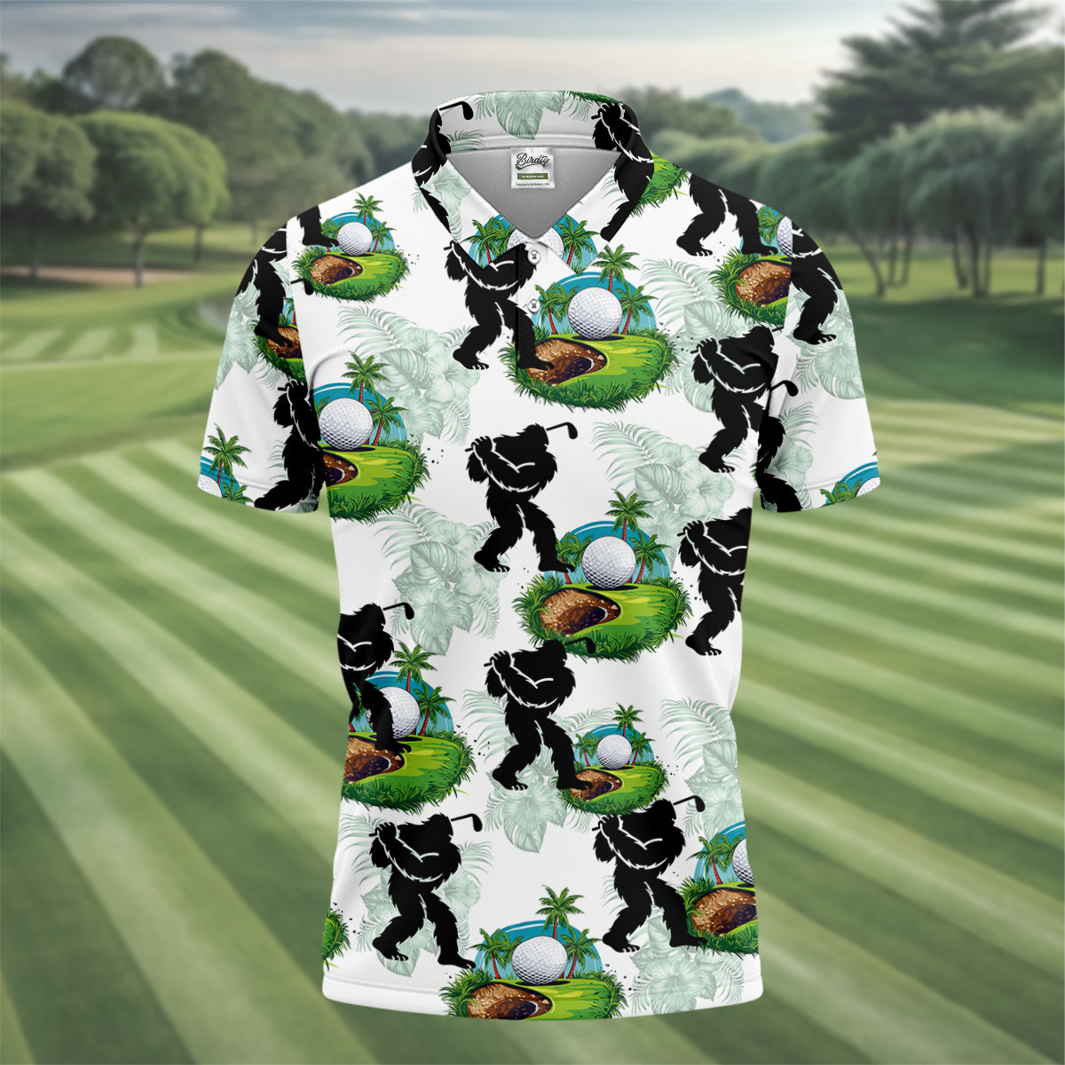Tropical Golf Cart Bigfoot Golf Shirt, Funny Bigfoot Mens Golf Polo Shirts, Cool Golf Gifts, Golfing Apparel