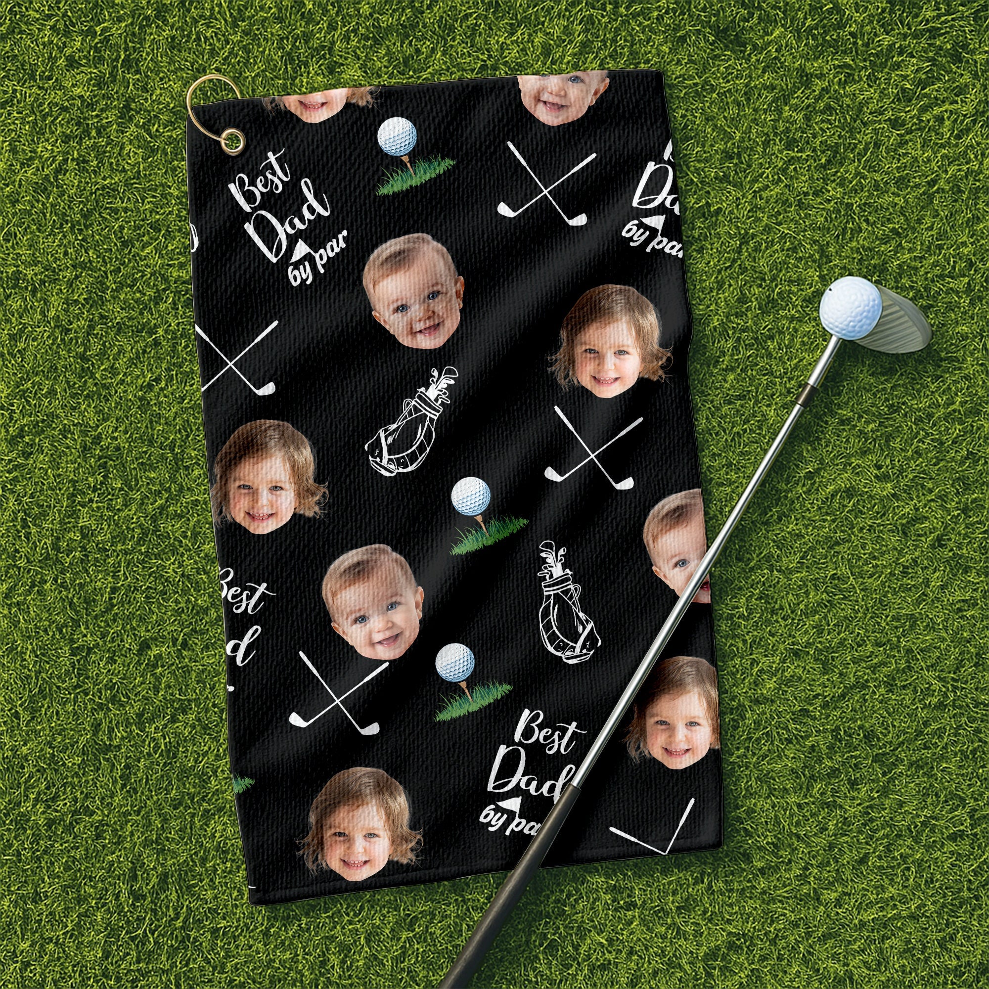 Best Dad By Par Custom Face Black Small Funny Golf Towel, Golf Gifts For Dad, Gifts For The Golfing Dad