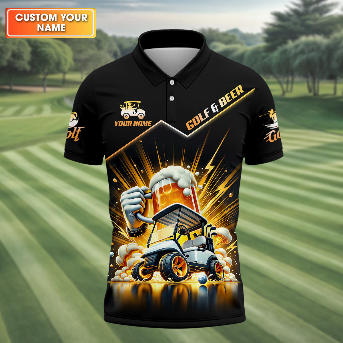 A Good Day Starts With Golf Carts And Beer Custom Men's Golf Polo Shirt, Dad Golf Gift