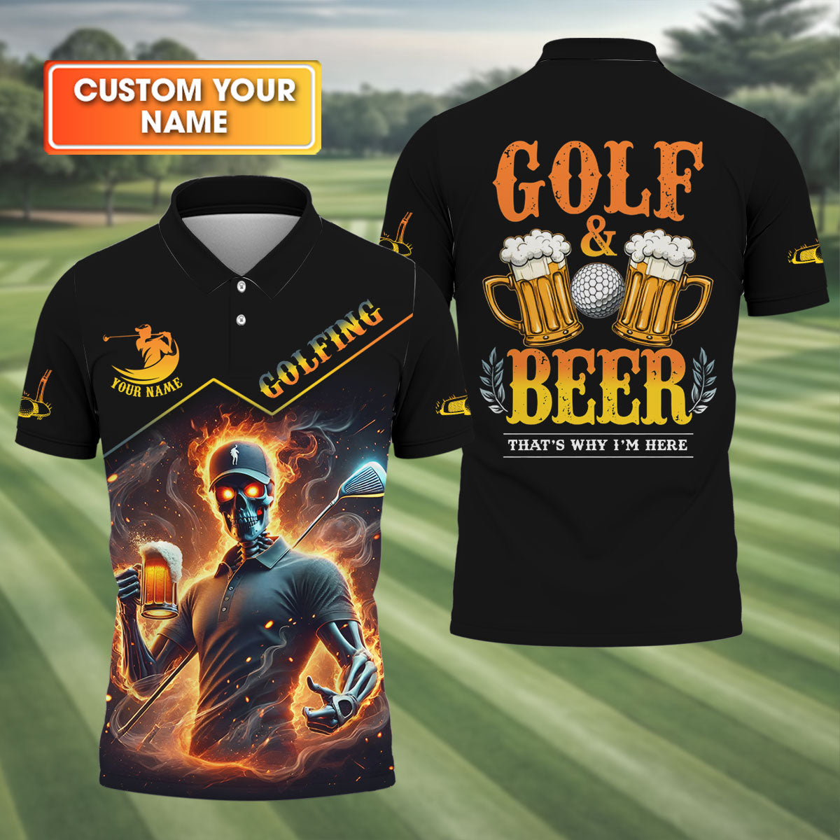 Golf And Beer Personalized Skull Golf Polo Shirt, Dad Golf Gift, Christmas Golf Gift