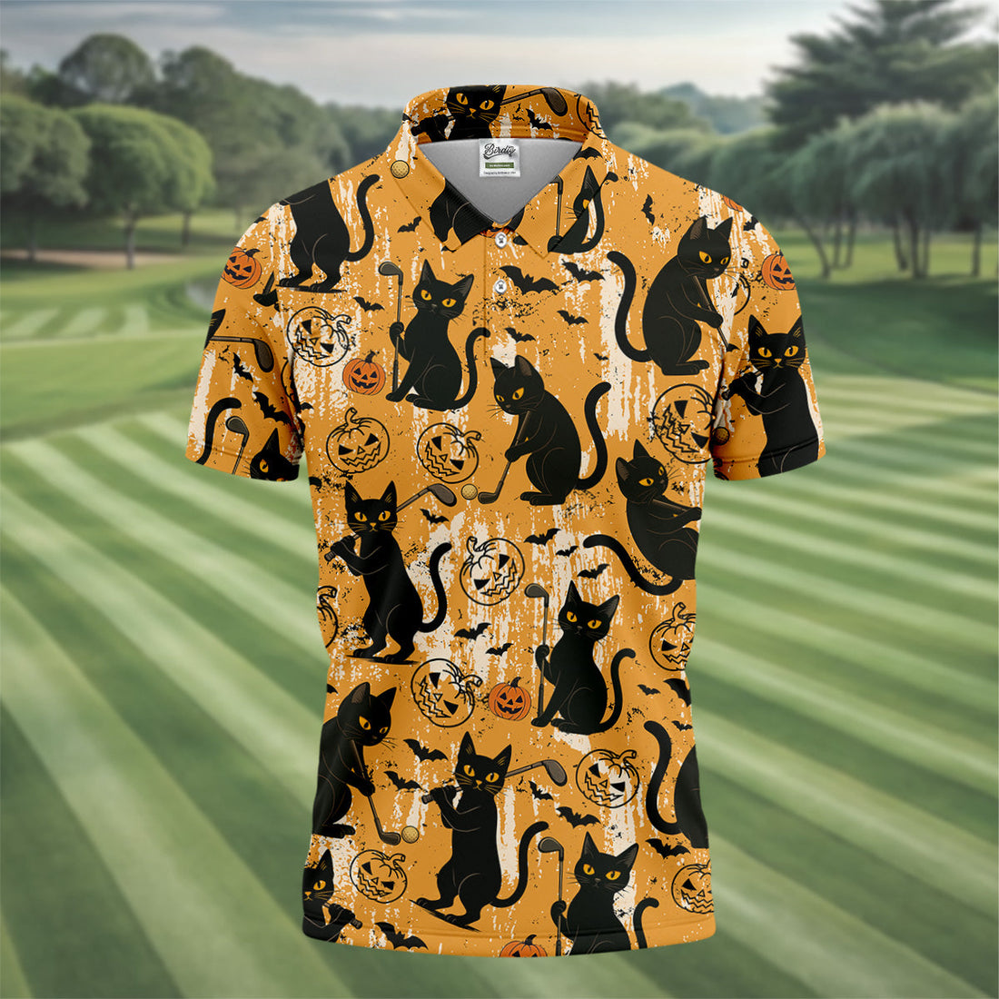 Funny Black Cat Men's Golf Polo Shirt, Halloween Golf Shirt, Halloween Polo Shirt, Golf Gift For Him
