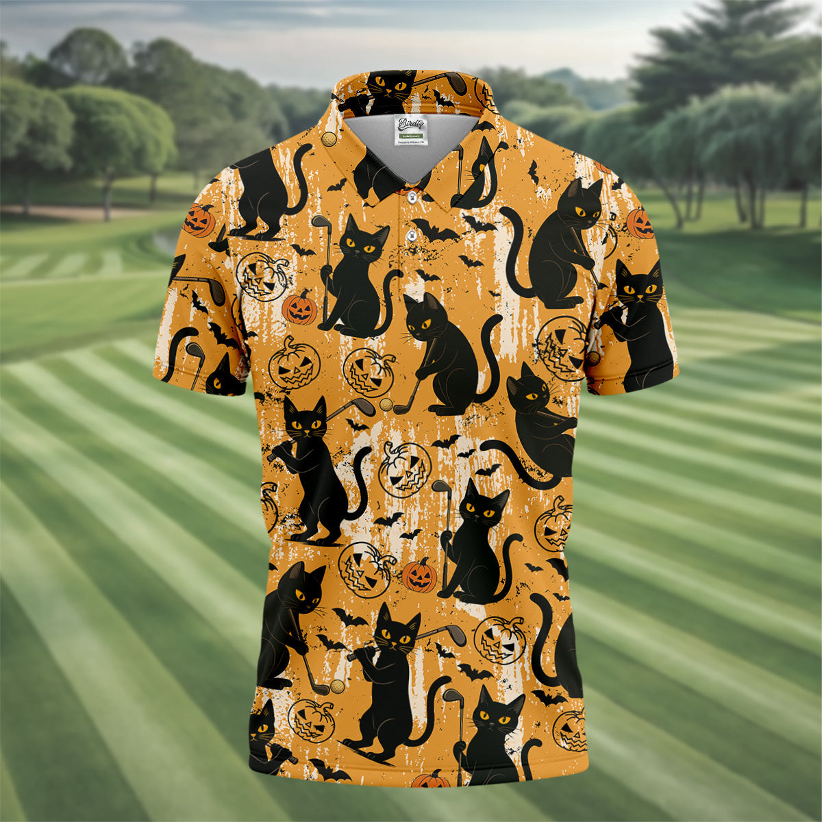 Funny Black Cat Men's Golf Polo Shirt, Halloween Golf Shirt, Halloween Polo Shirt, Golf Gift For Him