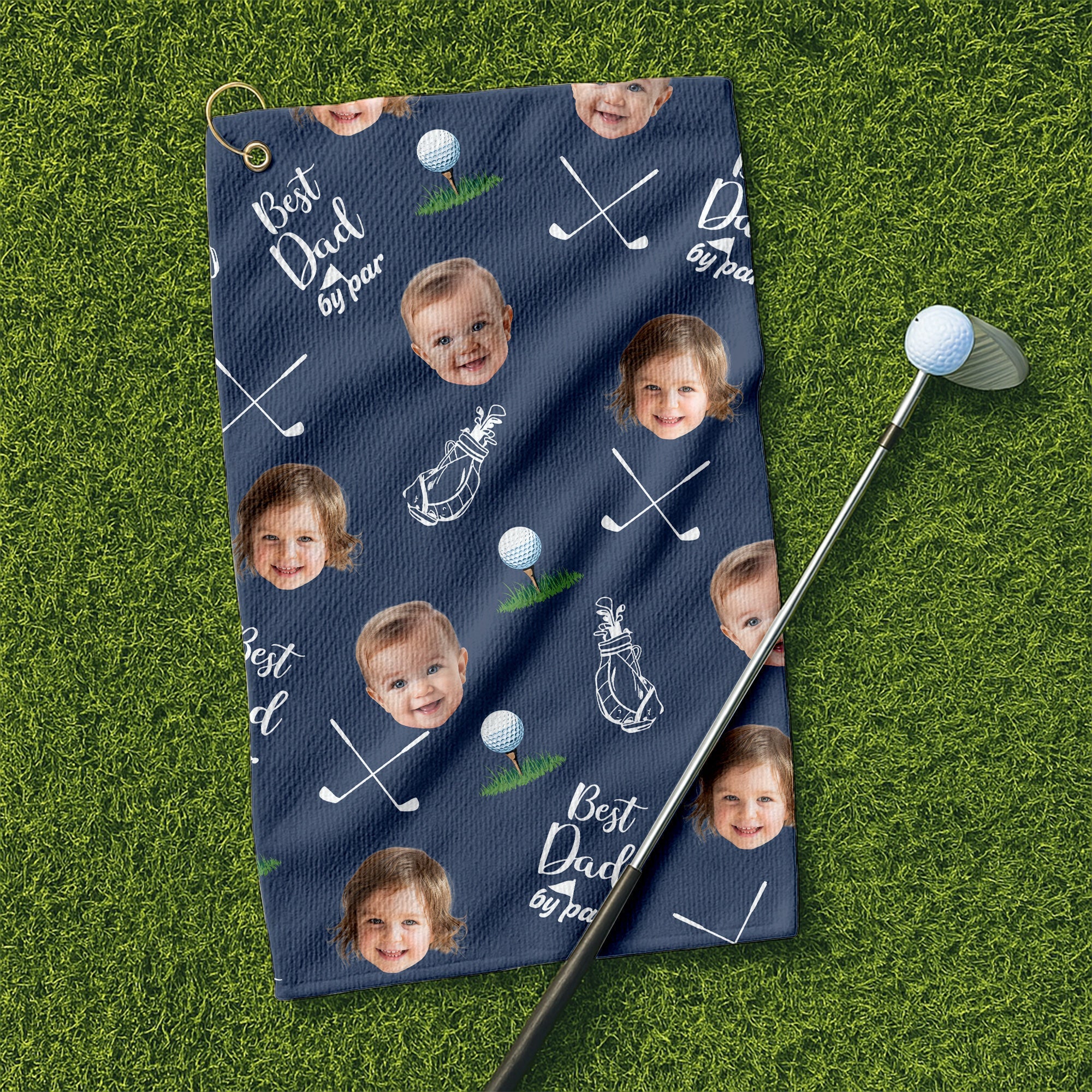 Best Dad By Par Custom Kids Face Blue Funny Golf Towel, Christmas Golf Gift, Gifts For The Golfing Dad