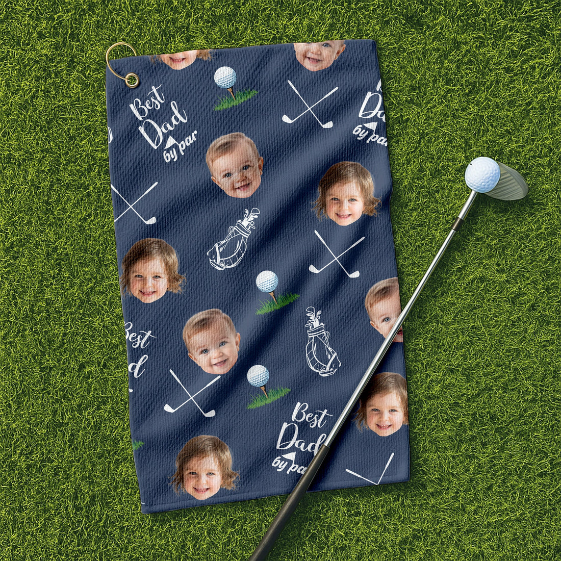 Best Dad By Par Custom Kids Face Blue Funny Golf Towel, Christmas Golf Gift, Gifts For The Golfing Dad