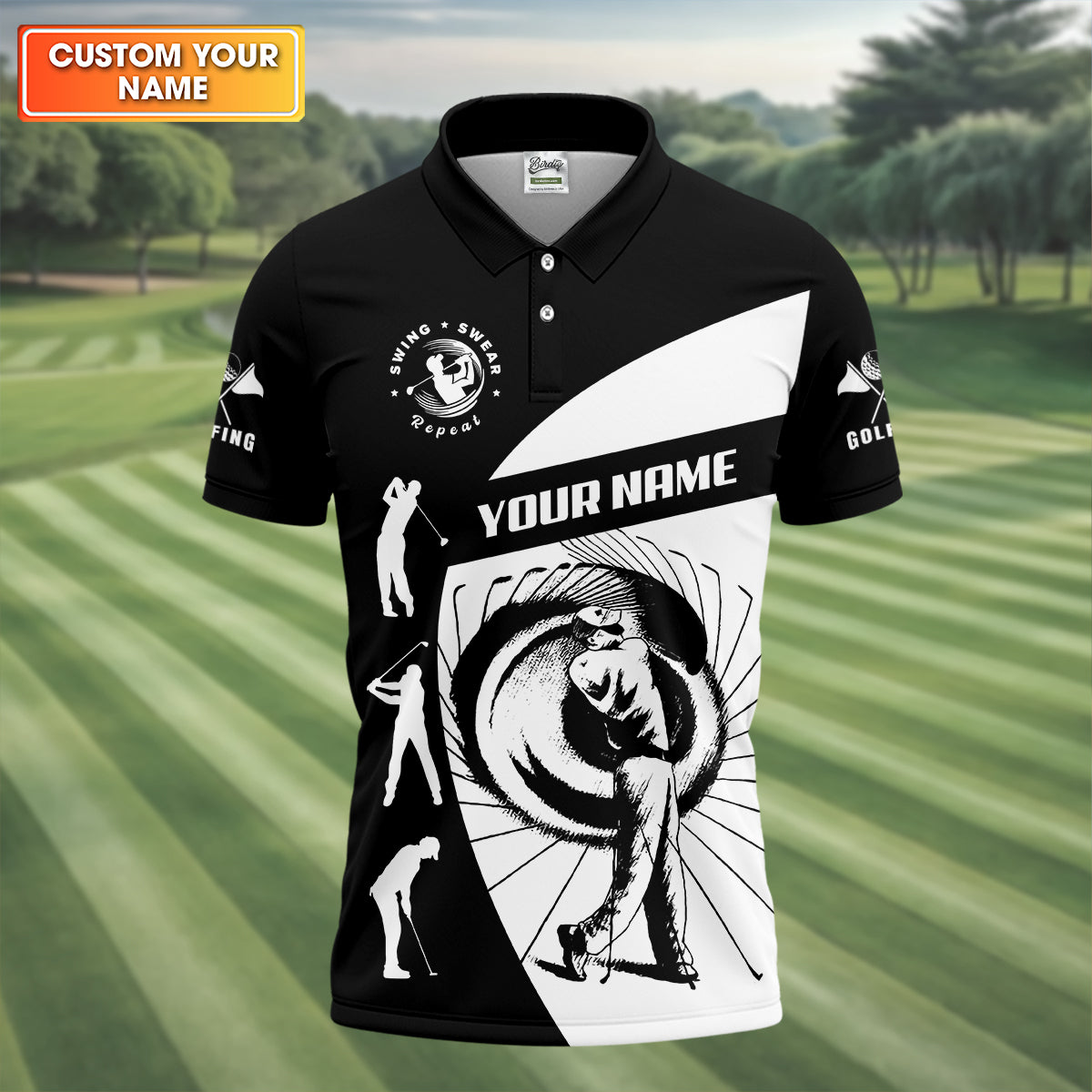 Swing Swear Repeat Custom Funny Golf Polo Shirt, Dad Golf Gifts