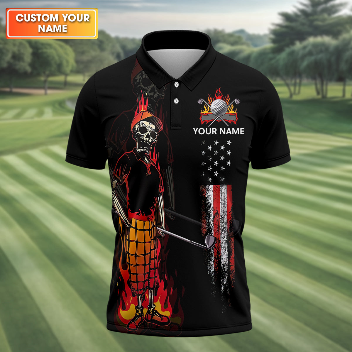 Custom Flaming Skeleton Men's Golf Polo Shirt, Mens Golf Gift, Funny Golf Shirt