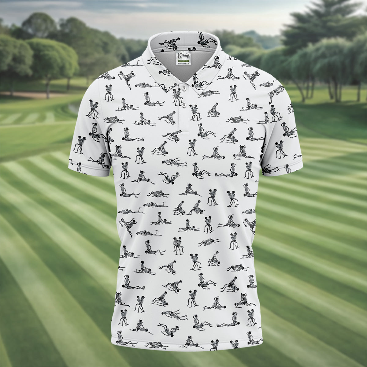 White Funny Skeleton Sex Position Golf Shirt, Halloween Gift Idea, Fun Golf Shirts For Men, Polo For Men