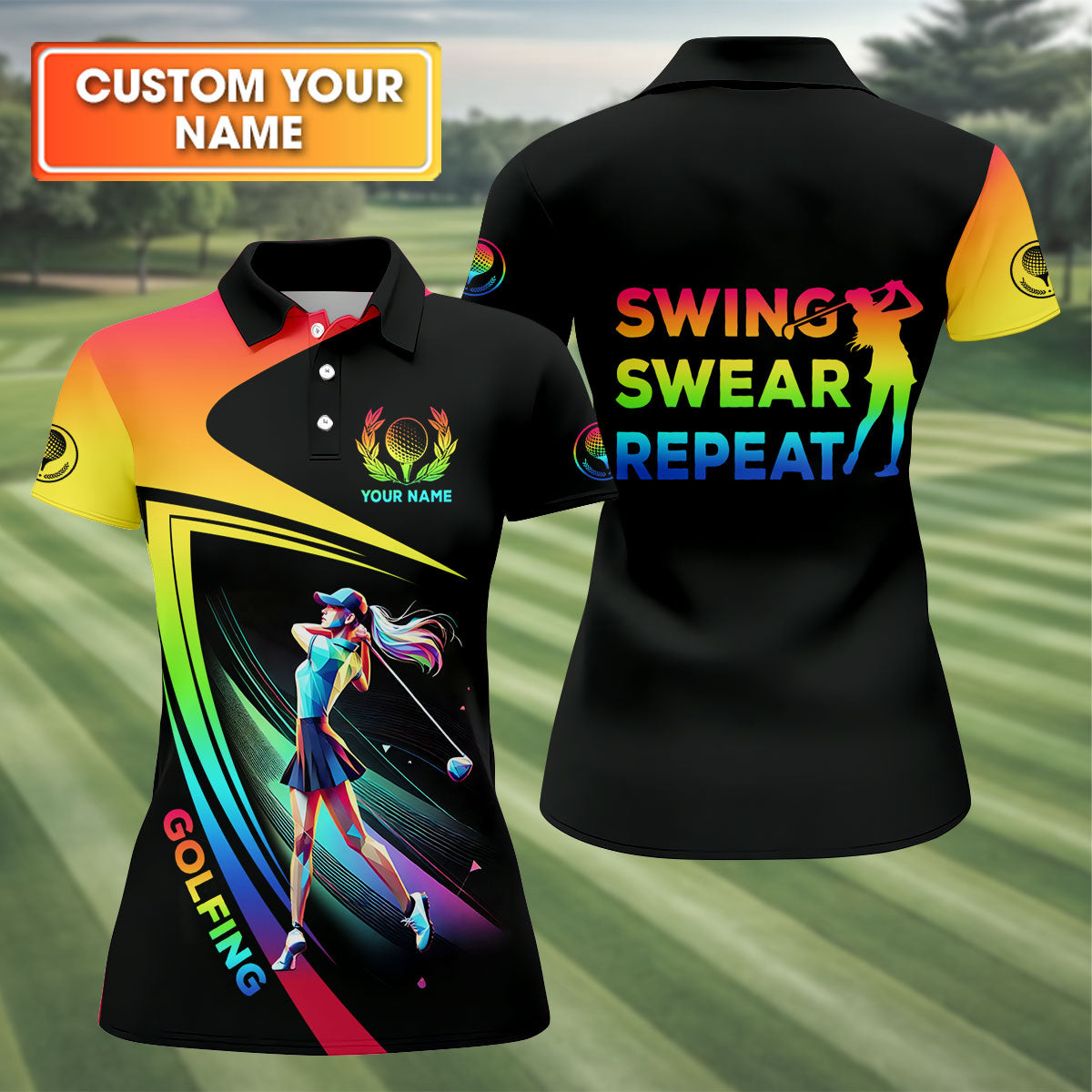 Swing Swear Repeat Personalized Funny Golf Polo Shirt,  Custom Ladies Golf Shirt