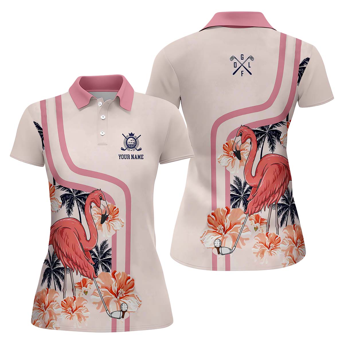 Pink Flamingo Womens Golf Polo Shirt, Custom Ladies Golf Shirt