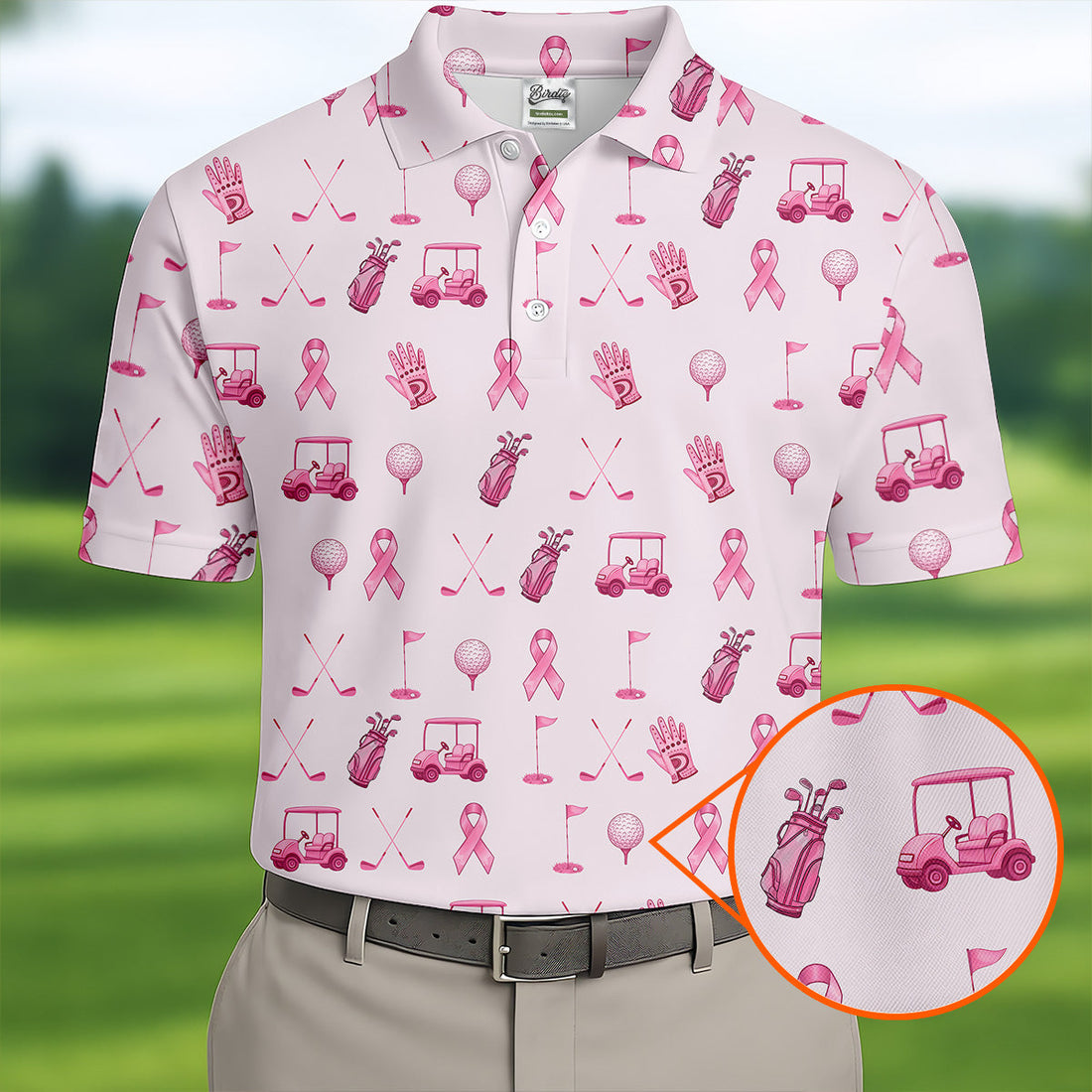 Funny Pink Ribbon Golf Pattern Men's Polo Shirt, Breast Cancer Golf Shirt, Breast Cancer Awareness Shirt