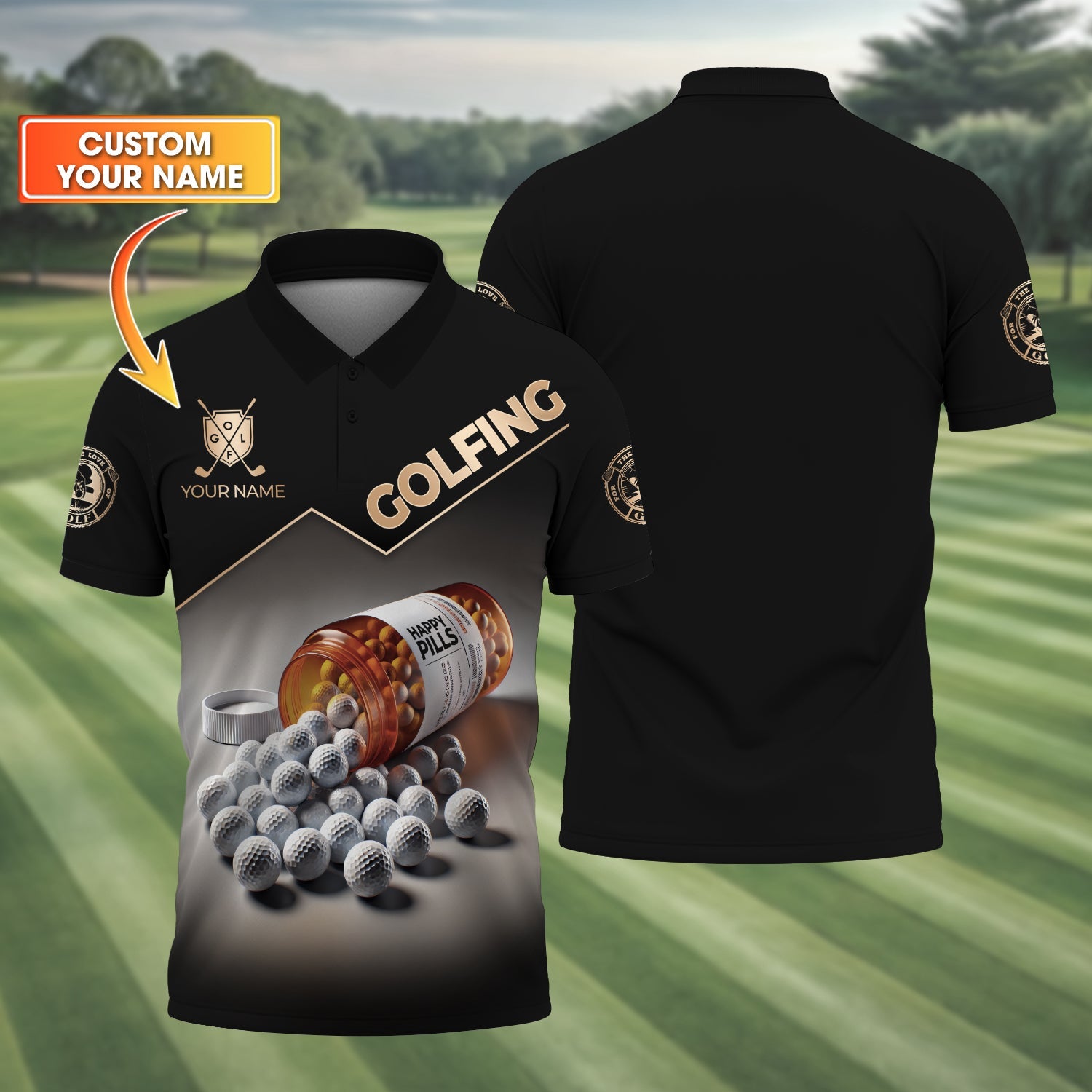 Happy Pills Men's Golf Polo Shirt, Golfing Apparel, Mens Golf Gift, Funny Golf Shirt