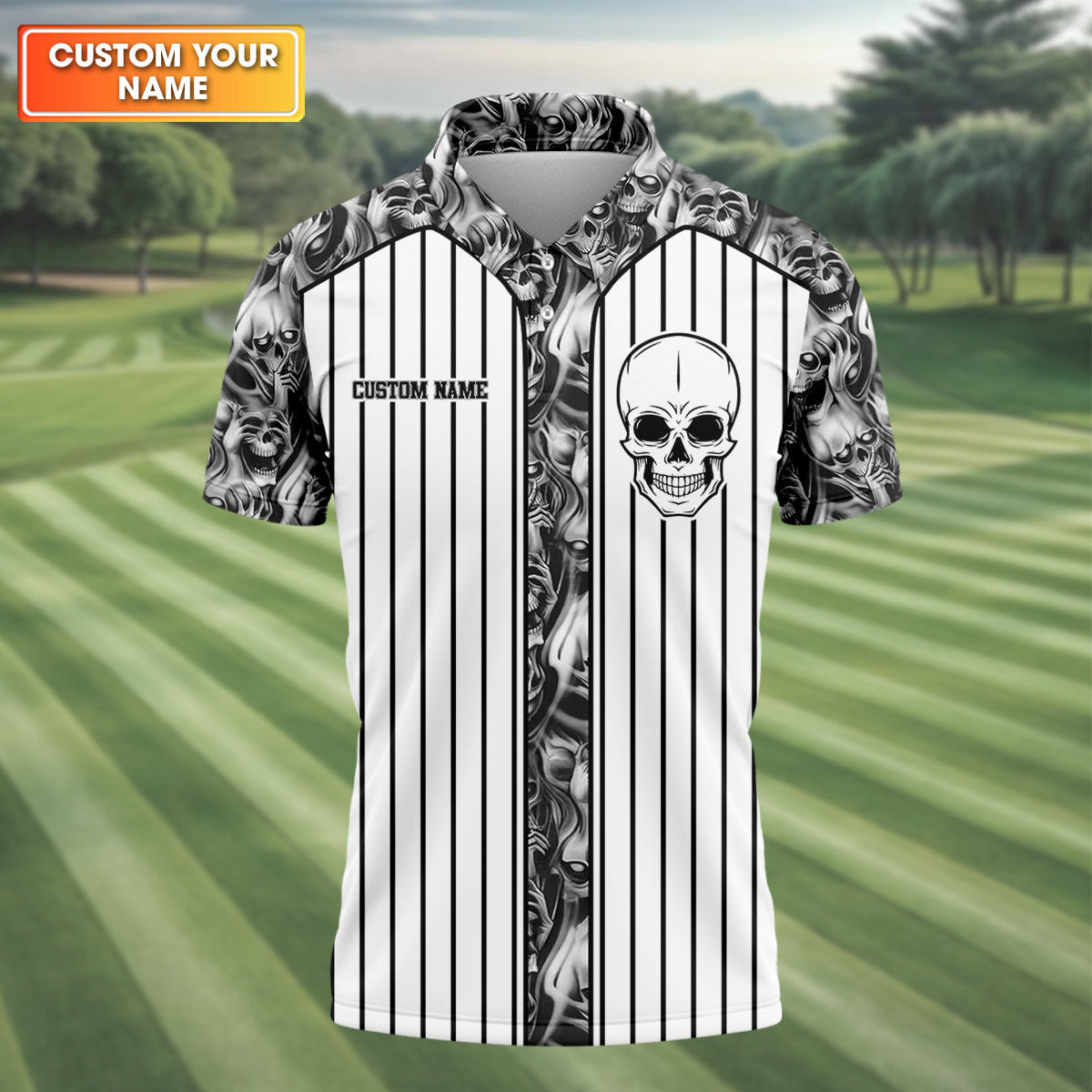 Custom Skull Polo Shirt, Golfing Apparel, Mens Golf Gift, Funny Golf Polos