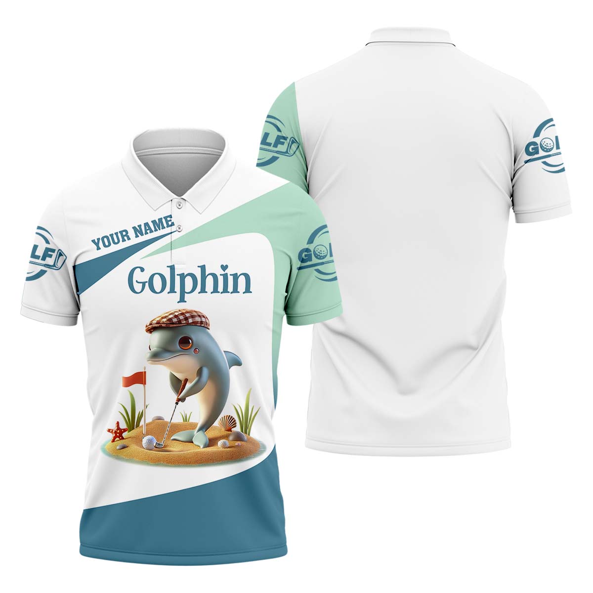 Golfin’ Dolphin Custom Golf Polo Shirt, Golfing Apparel, Mens Golf Gift, Funny Golf Polo Shirt