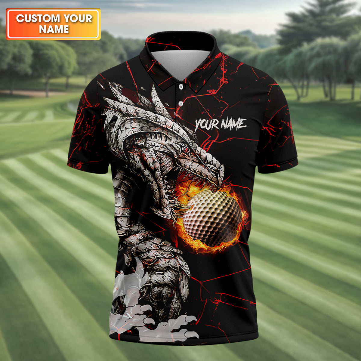 Flaming Dragon Custom Golf Polo Shirt, Dad Golf Gift, Golf Lover Gifts
