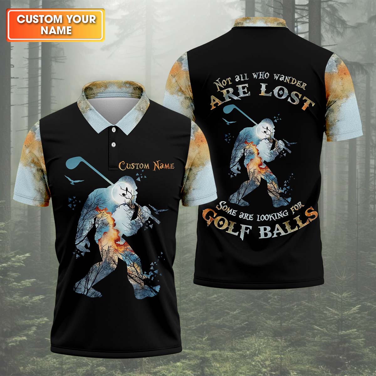 Not All Who Wander Are Lost Men's Golf Polo Shirt, Bigfoot Golf Shirt, Dad Golf Gift