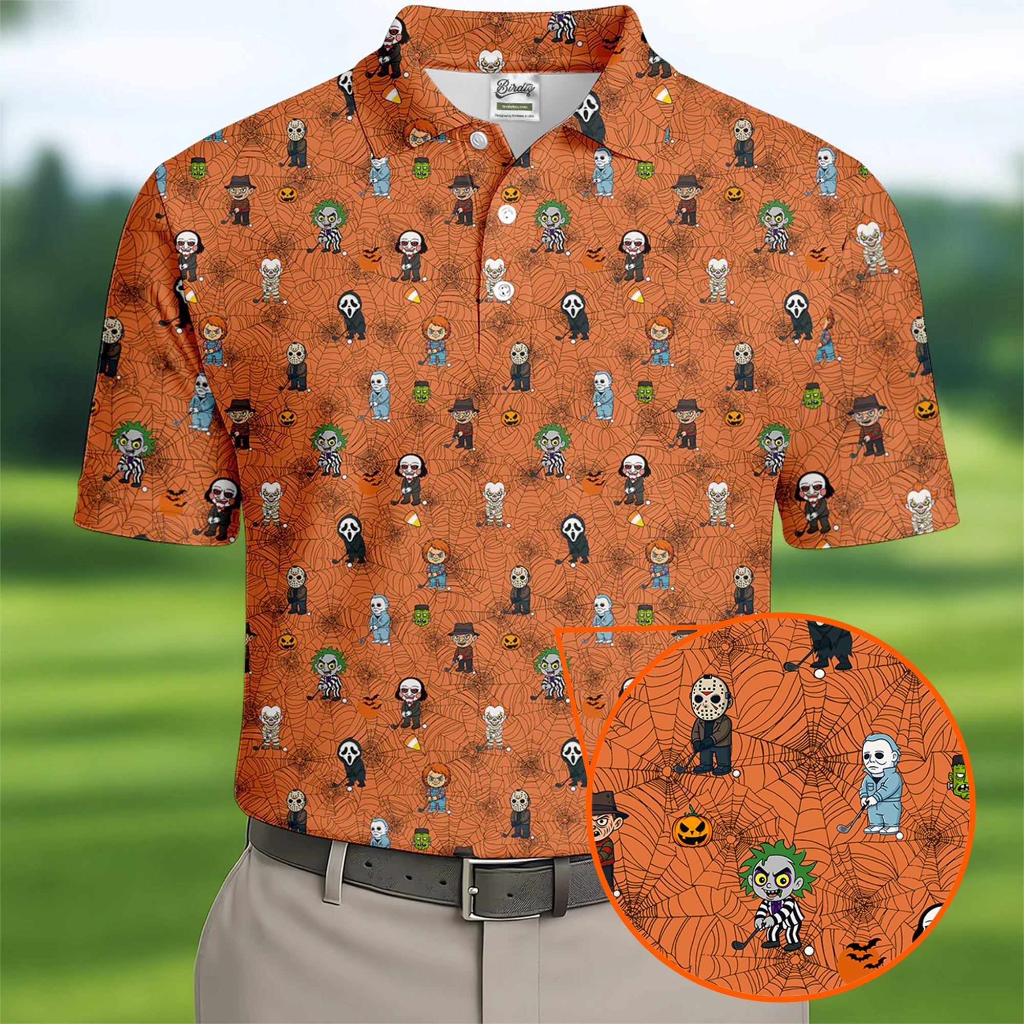 Funny Horror Character Orange Golf Polo Shirt, Horror Movie Shirt, Halloween Golf Shirt, Fun Golf Polos For Men