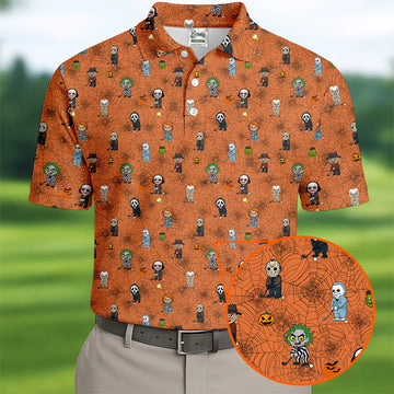 Funny Horror Character Orange Golf Polo Shirt, Horror Movie Shirt, Halloween Golf Shirt, Fun Golf Polos For Men