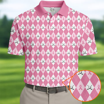 Breast Cancer Golf Shirt, Pink Golf Shirt Men, Pink Argyle Golf Shirt, Breast Cancer Awareness Shirts