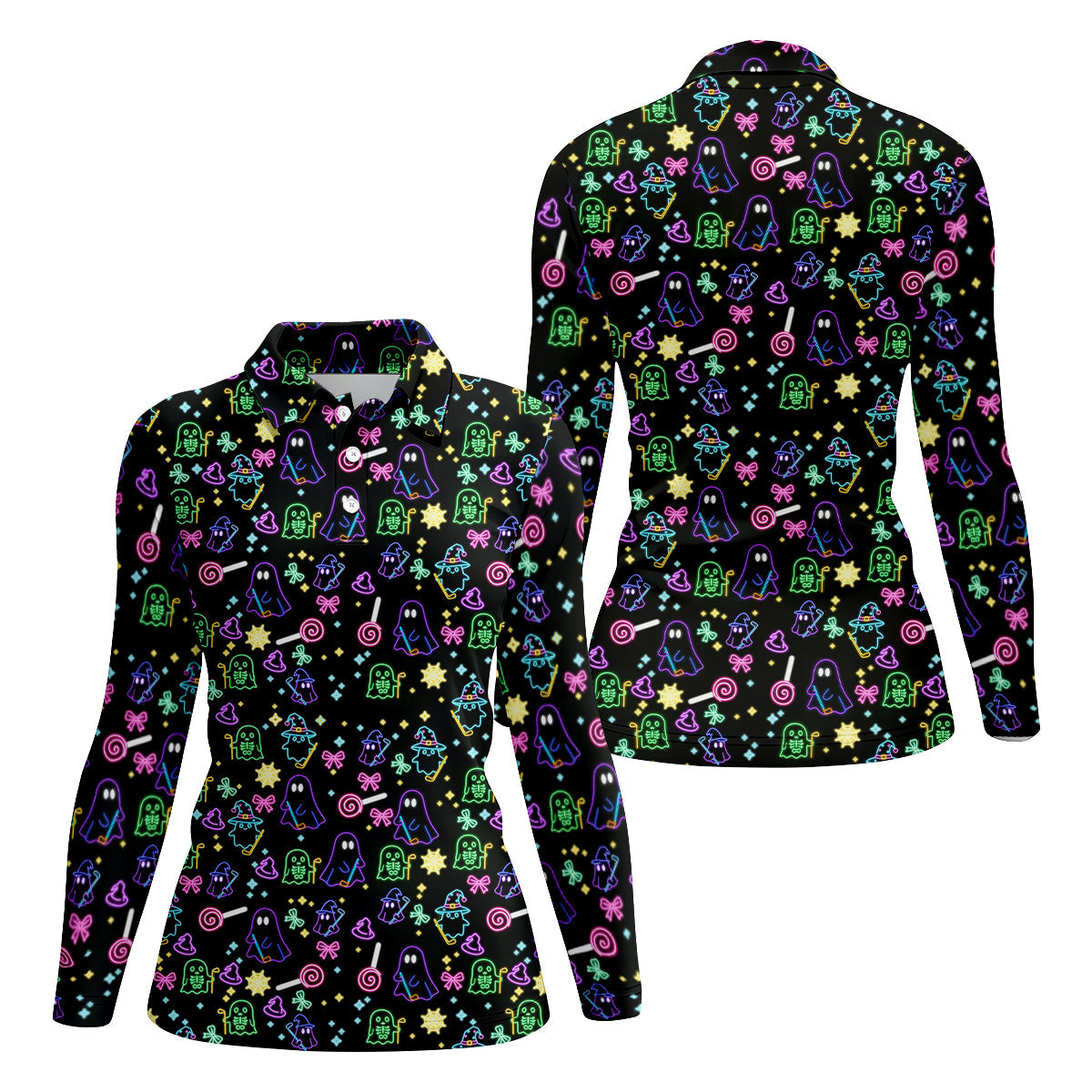 Funny Ghost Golfing Women's Polo Shirt, Neon Golf Shirt, Fun Womens Golf Shirts, Funny Halloween Shirt