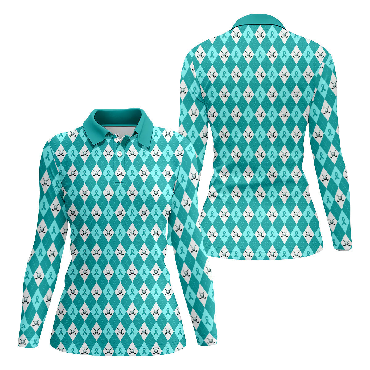 Ovarian Cancer Teal Argyle Womens Golf Shirts, Ovarian Cancer Awareness Shirt, Golf Gift For Womens