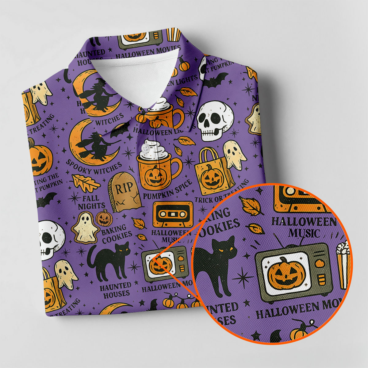 Purple Halloween Skull Golf Shirt, Spooky Cat, Halloween Theme Shirts, Ladies Golf Shirts, Golfing Apparel
