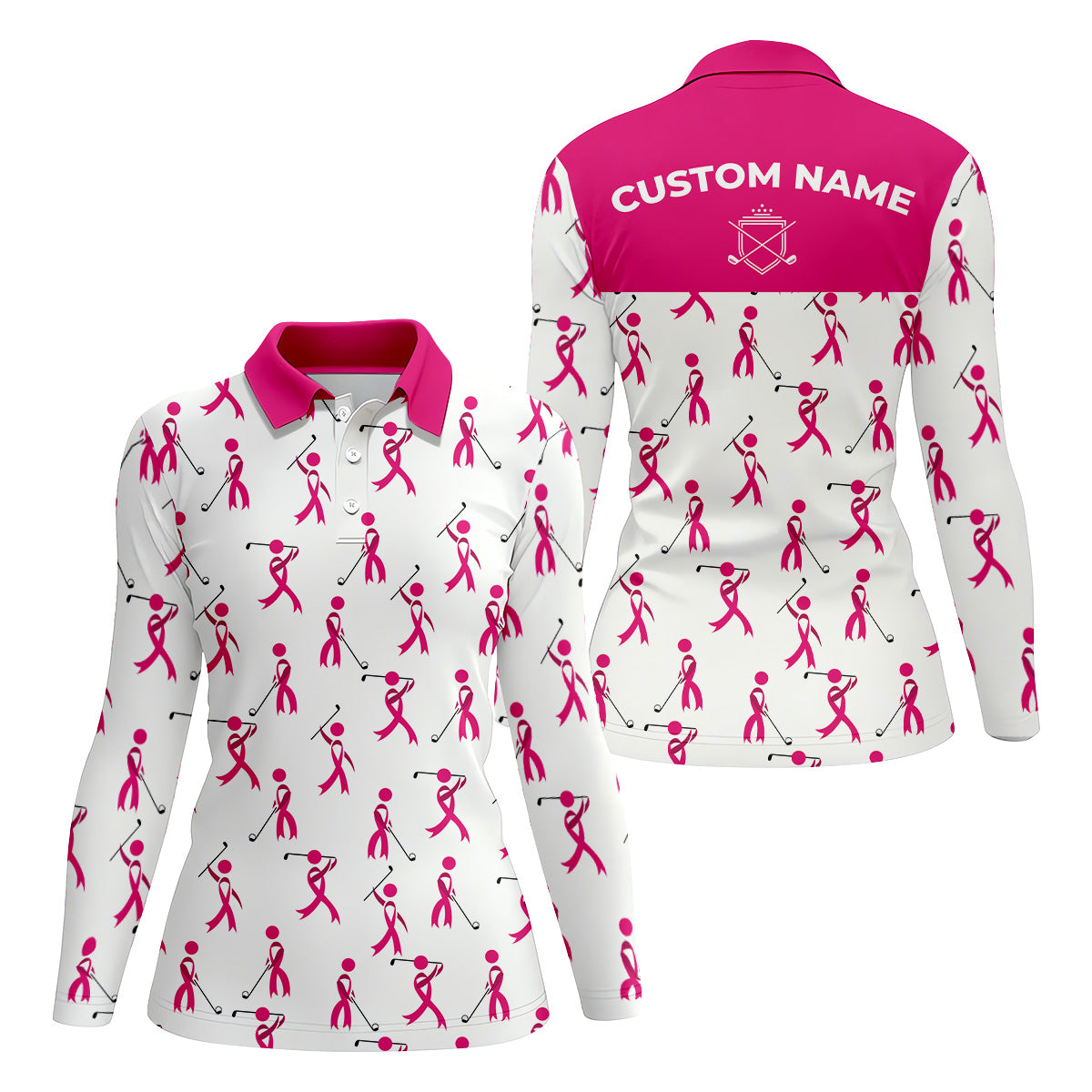 Funny Stick Figure Pink Ribbon Golf Shirt, Fun Womens Golf Shirts, Breast Cancer Support Shirt, Ladies Golf Shirt