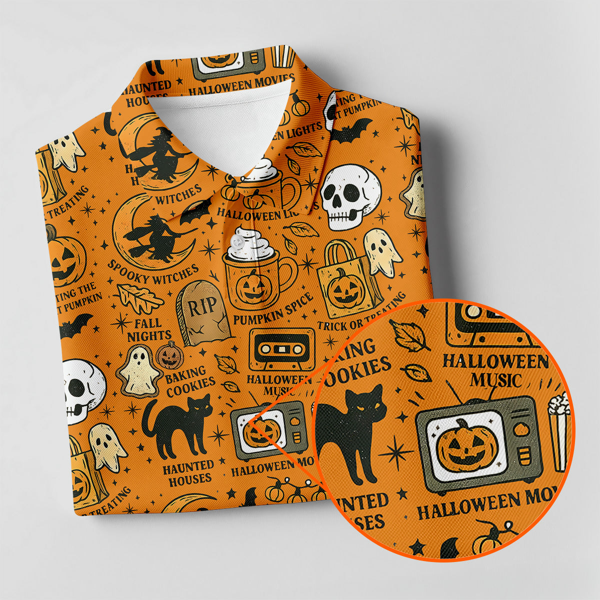 Orange Halloween Cat Golf Polo Shirts, Halloween Theme Shirts, Ladies Golf Shirts, Golfing Apparel