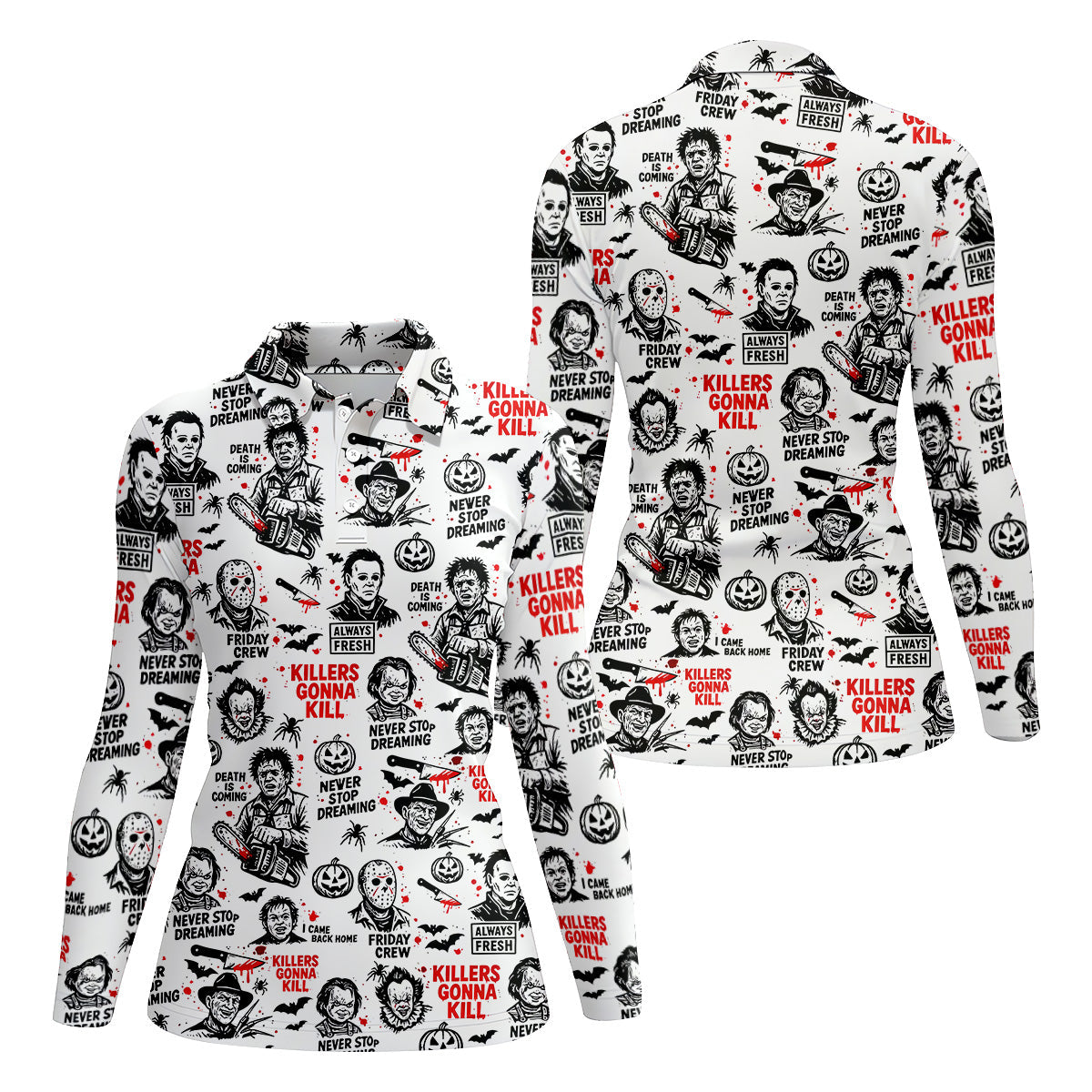 Funny Horror Character Men's Golf Polo Shirt, Horror Movie Shirt, Fun Womens Golf Shirts, Funny Halloween Gift