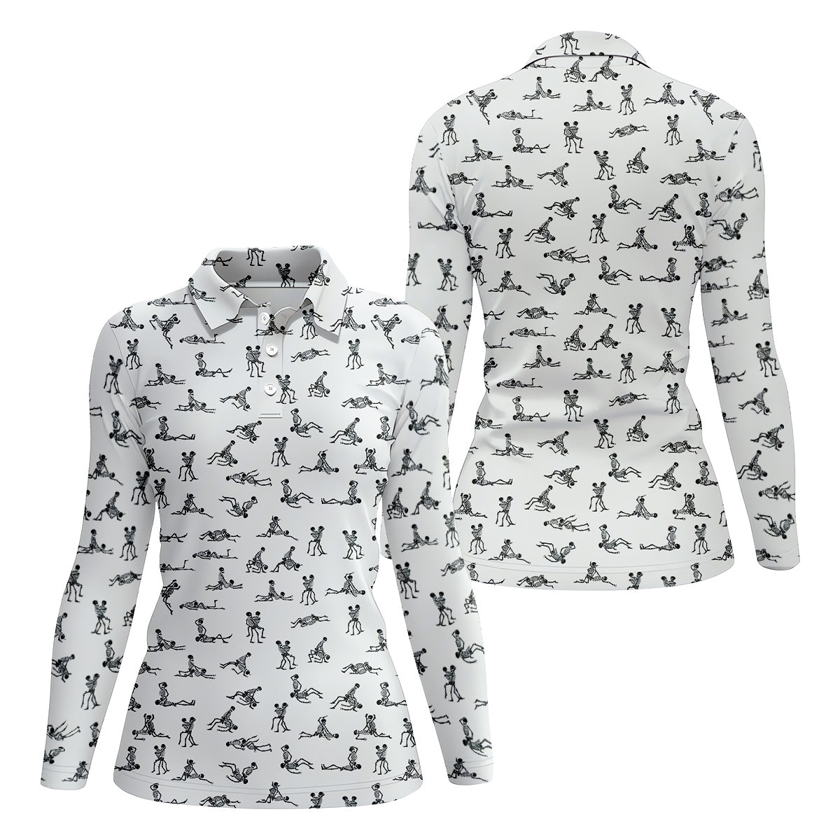 White Funny Skeleton Sex Position Golf Shirt, Halloween Gift Idea, Ladies Golf Shirts