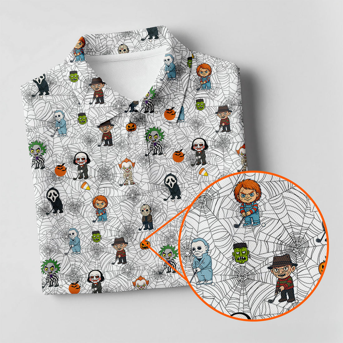 Funny Horror Character White Golf Polo Shirt, Horror Movie Shirt, Halloween Golf Shirt, Womens Golf Polo