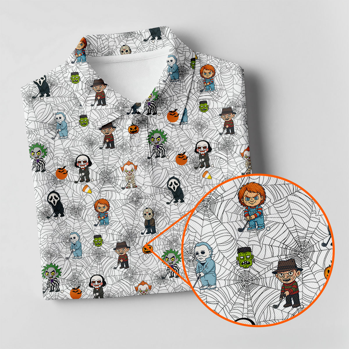 Funny Horror Character White Golf Polo Shirt, Horror Movie Shirt, Halloween Golf Shirt, Womens Golf Polo