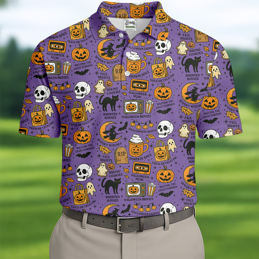 Purple Halloween Skull Golf Shirt, Spooky Cat, Mens Golf Polo Shirts, Halloween Theme Shirts, Golfing Apparel