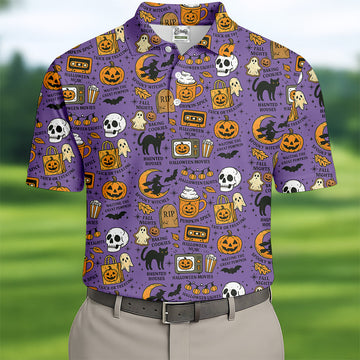 Purple Halloween Skull Golf Shirt, Spooky Cat, Mens Golf Polo Shirts, Halloween Theme Shirts, Golfing Apparel