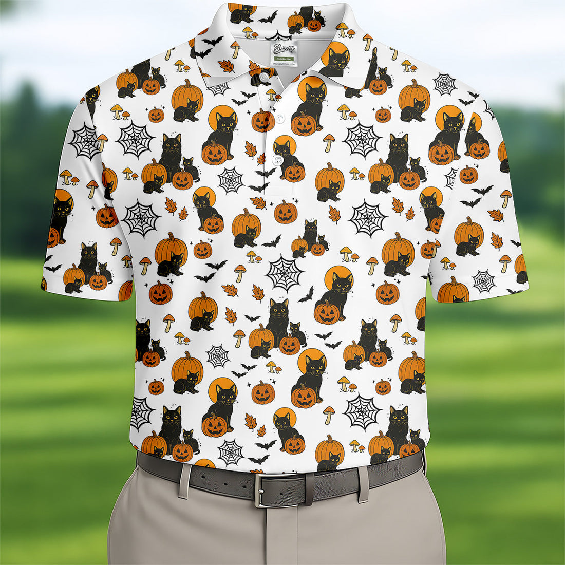 Halloween Cat Pumpkin Men Polo, Fun Golf Shirts For Men, Cool Golf Gifts, Golfing Apparel