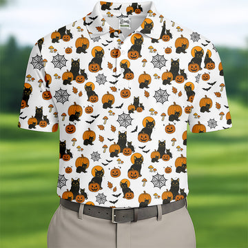 Halloween Cat Pumpkin Men Polo, Fun Golf Shirts For Men, Cool Golf Gifts, Golfing Apparel