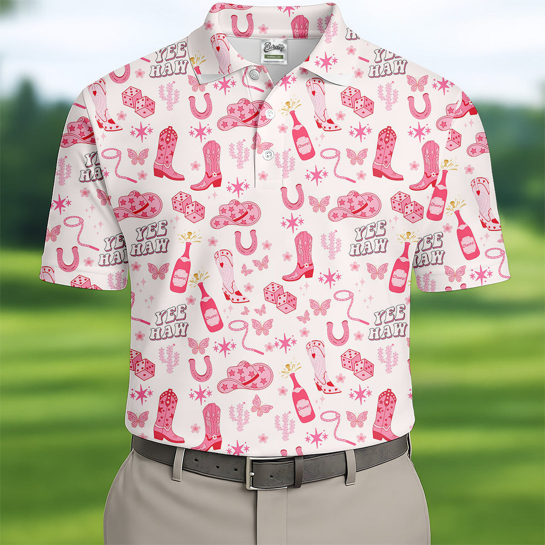 Yee Haw Cowgirl Pink Golf Polo, Western Golf Shirt, Fun Golf Shirts For Men, Golfing Apparel