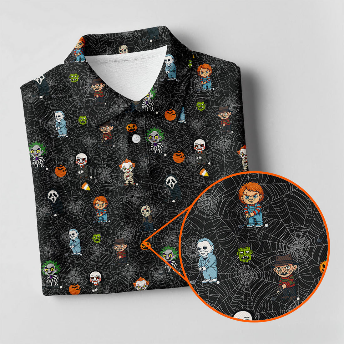 Funny Horror Character Black Golf Polo Shirt, Horror Movie Shirt, Halloween Golf Shirt, Womens Golf Polo