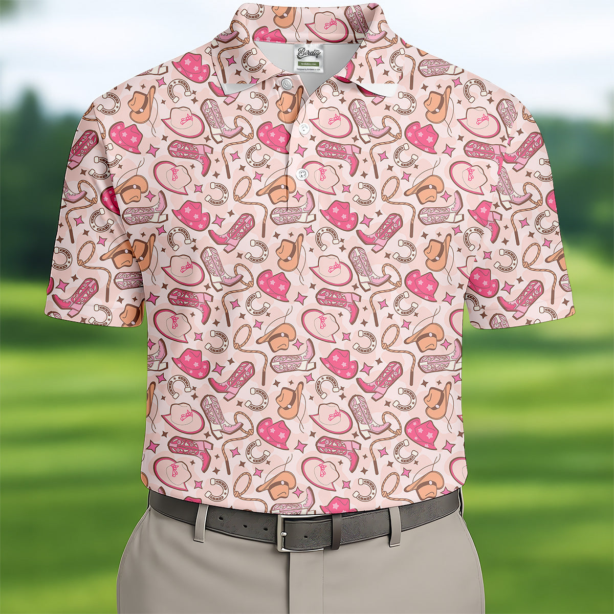 Pink Cowboy Western Golf Shirt, Fun Golf Shirts For Men, Men's Golf Polo, Golfing Apparel