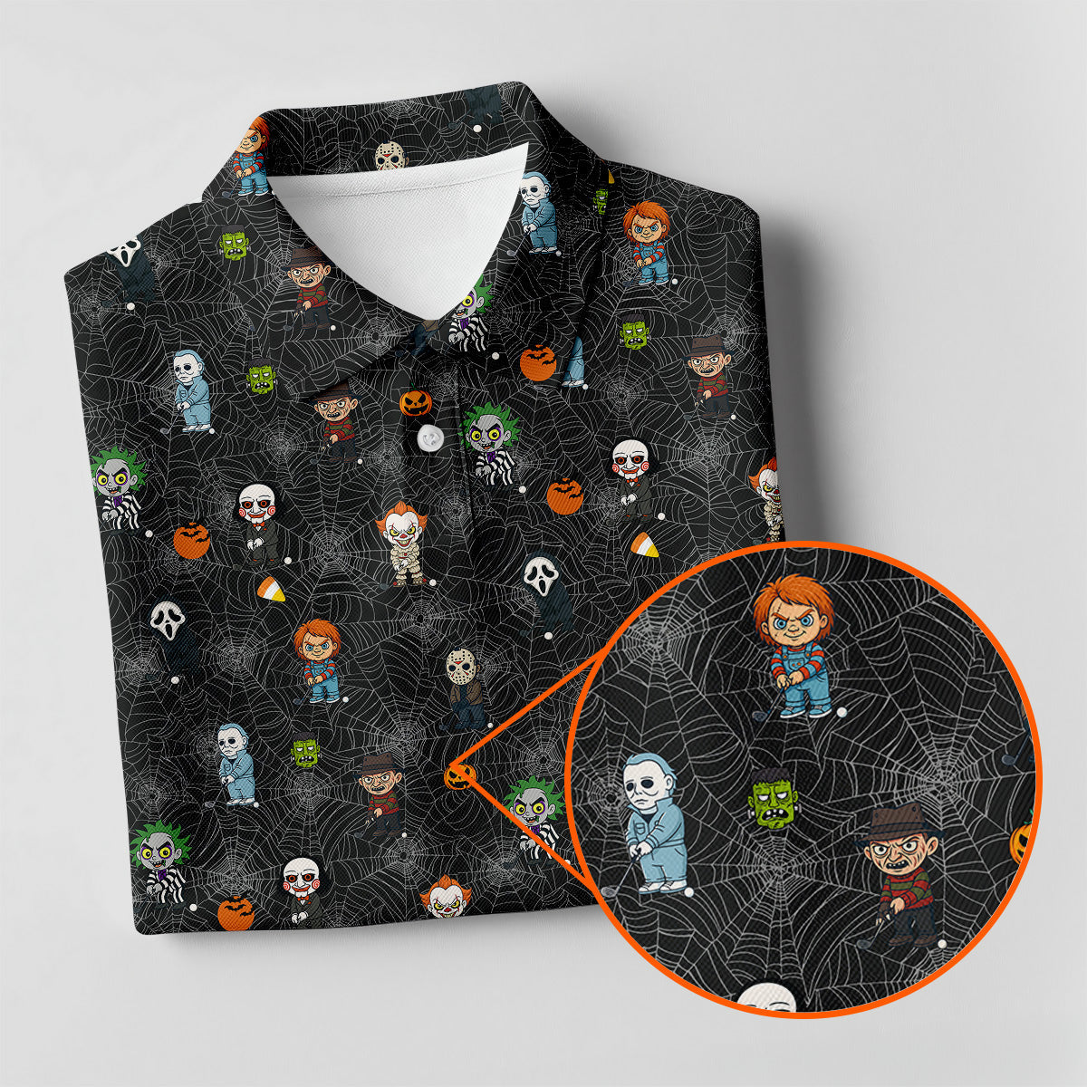 Funny Horror Character Black Golf Polo Shirt, Horror Movie Shirt, Halloween Golf Shirt, Fun Golf Polos For Men