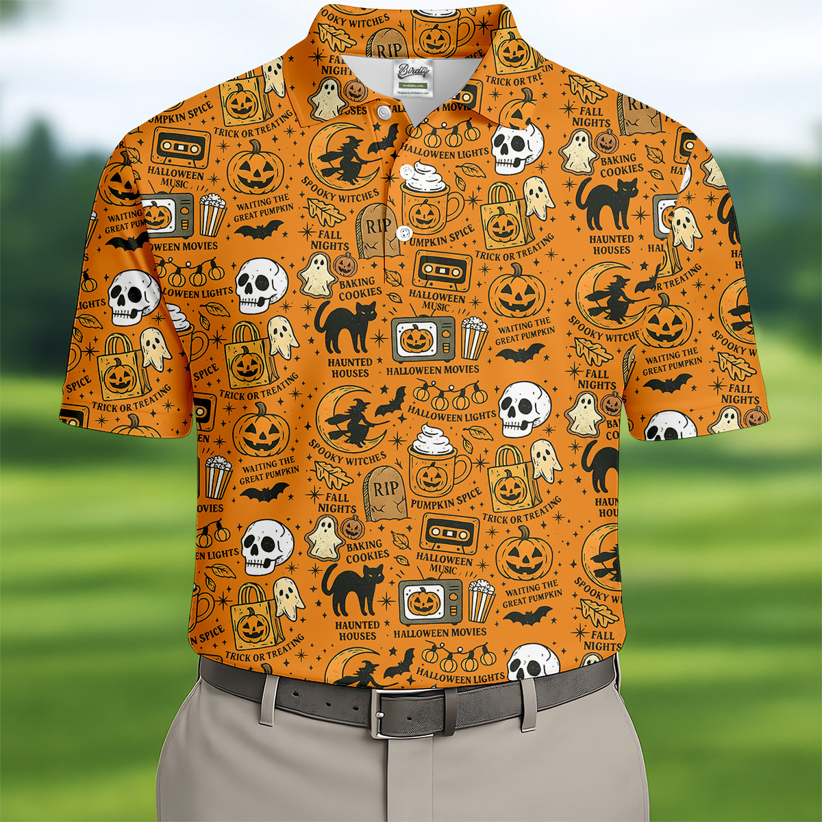 Orange Halloween Cat Golf Polo Shirts, Halloween Theme Shirts, Mens Golf Polo Shirts, Golfing Apparel