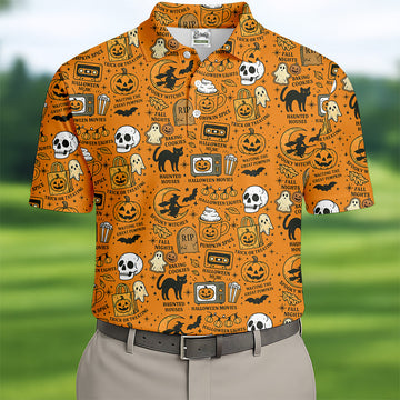 Orange Halloween Cat Golf Polo Shirts, Halloween Theme Shirts, Mens Golf Polo Shirts, Golfing Apparel