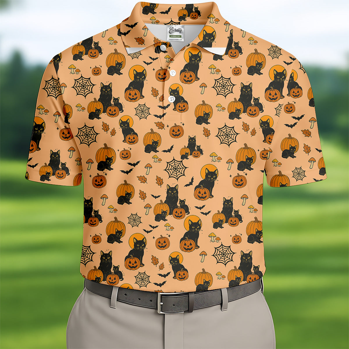 Black Cat Pumpkin Halloween Golf Shirt, Orange Golf Shirt, Mens Golf Polo Shirts, Golfing Apparel