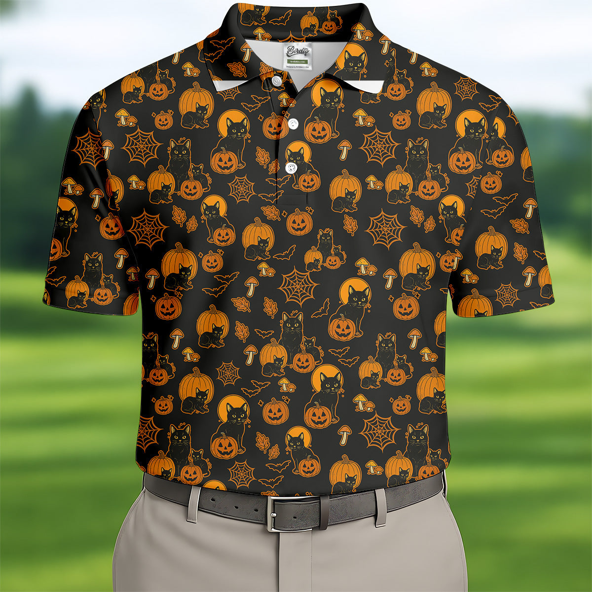 Black Cat Pumpkin Men Polo, Fun Golf Shirts For Men, Halloween Gift, Golfing Apparel