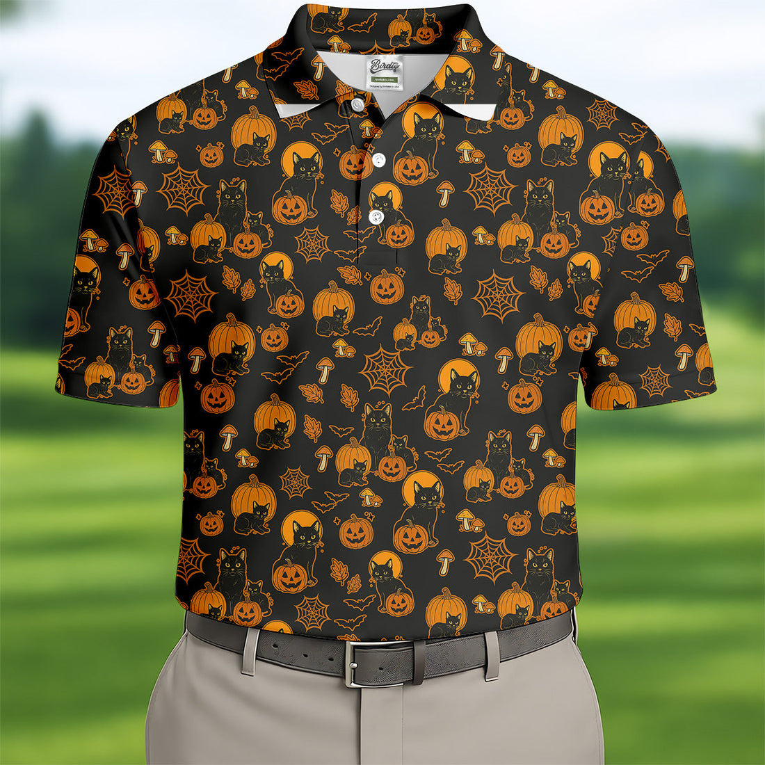Black Cat Pumpkin Men Polo, Fun Golf Shirts For Men, Halloween Gift, Golfing Apparel