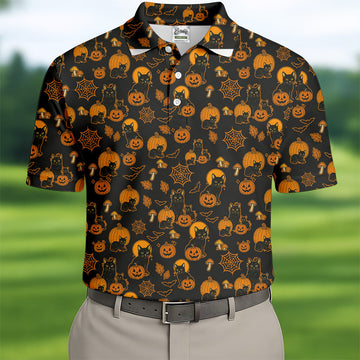Black Cat Pumpkin Men Polo, Fun Golf Shirts For Men, Halloween Gift, Golfing Apparel