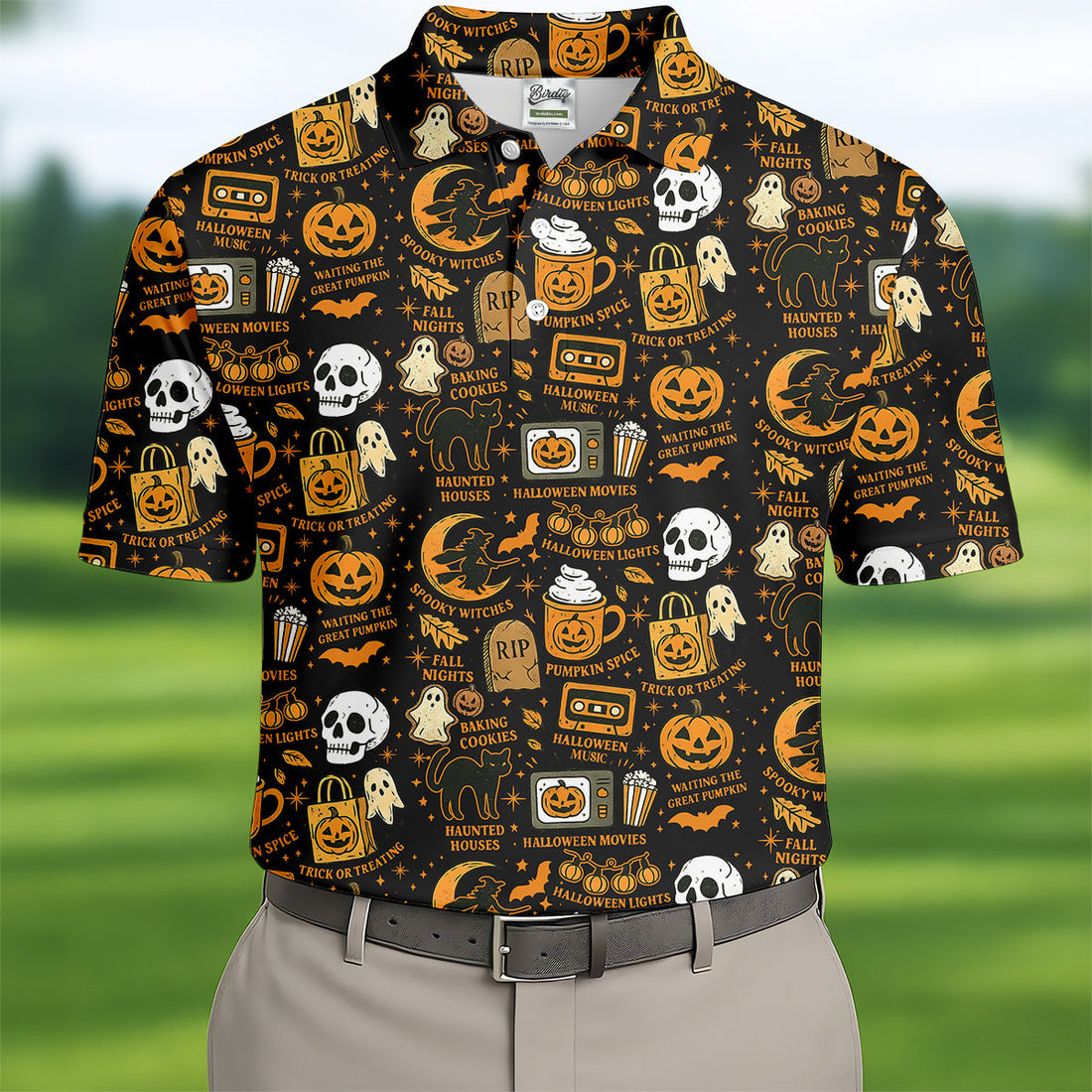 Vintage Halloween Cat Golf Polo Shirts, Halloween Theme Shirts, Ghost Pumpkin Mens Golf Polo Shirts, Golfing Apparel