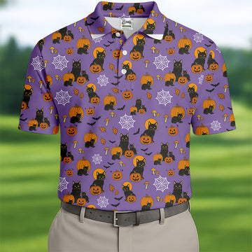Halloween Cat Pumpkin Purple Golf Shirt, Golf Hoodie, Golf Gift For Men, Golfing Apparel